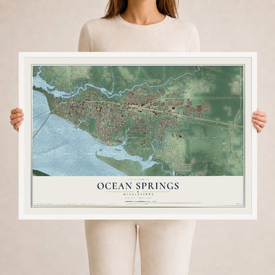 Map of Ocean Springs, Mississippi, 24 x 36 inch print in a white wood frame