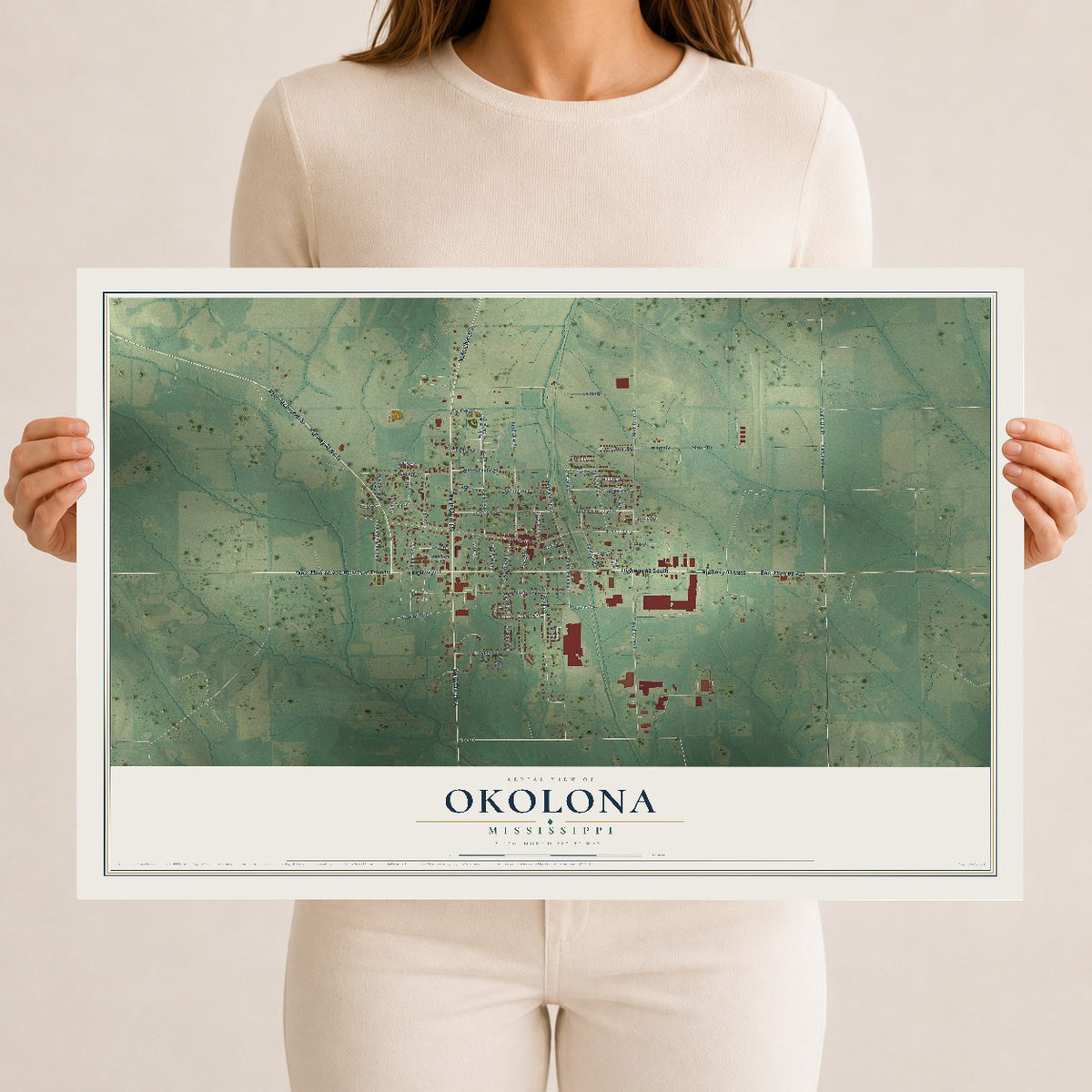 Map of Okolona, Mississippi, 12 x 18 inch unframed archival matte print