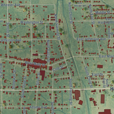 Close-up of the map of Okolona, Mississippi print showing street and building detail