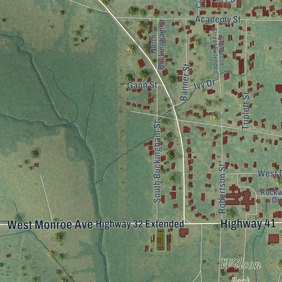 Second close-up of the map of Okolona, Mississippi print showing more streets and buildings