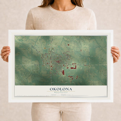 Map of Okolona, Mississippi, 12 x 18 inch print in a white wood frame