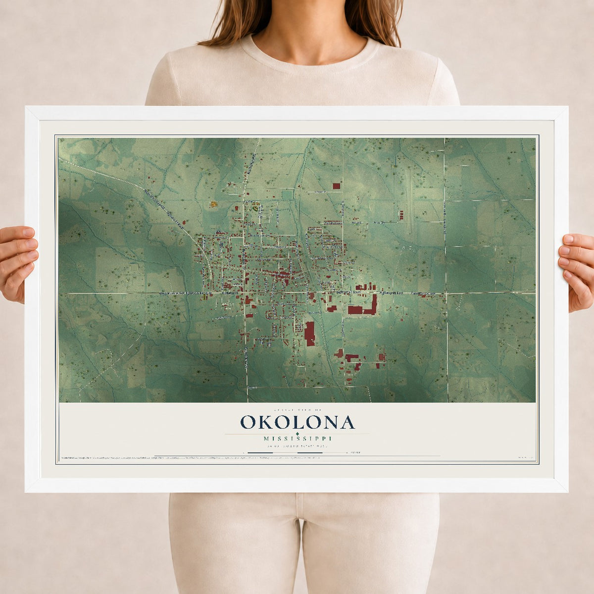 Map of Okolona, Mississippi, 18 x 24 inch print in a white wood frame