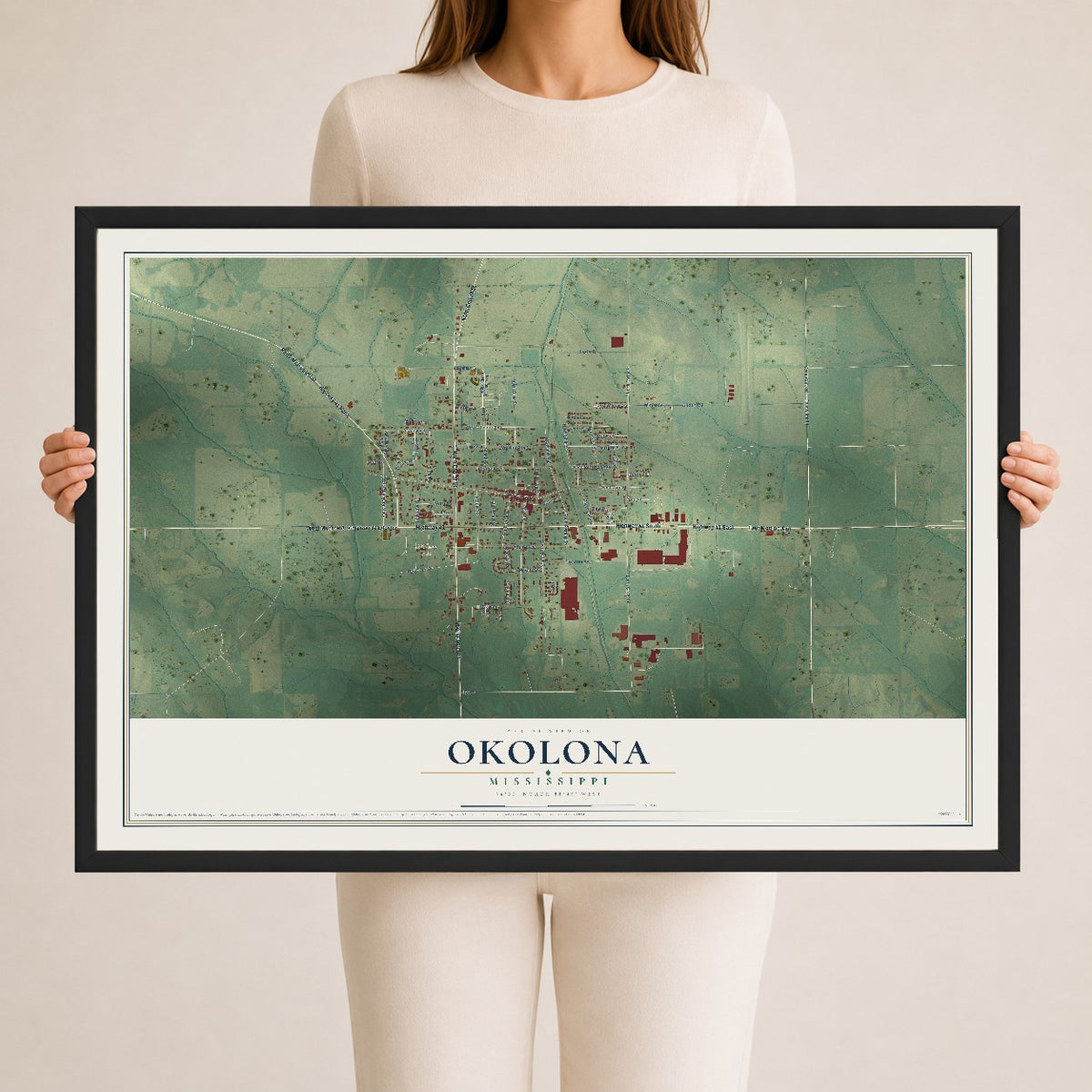 Map of Okolona, Mississippi, 24 x 36 inch print in a black wood frame