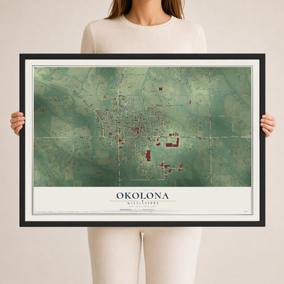 Map of Okolona, Mississippi, 24 x 36 inch print in a black wood frame