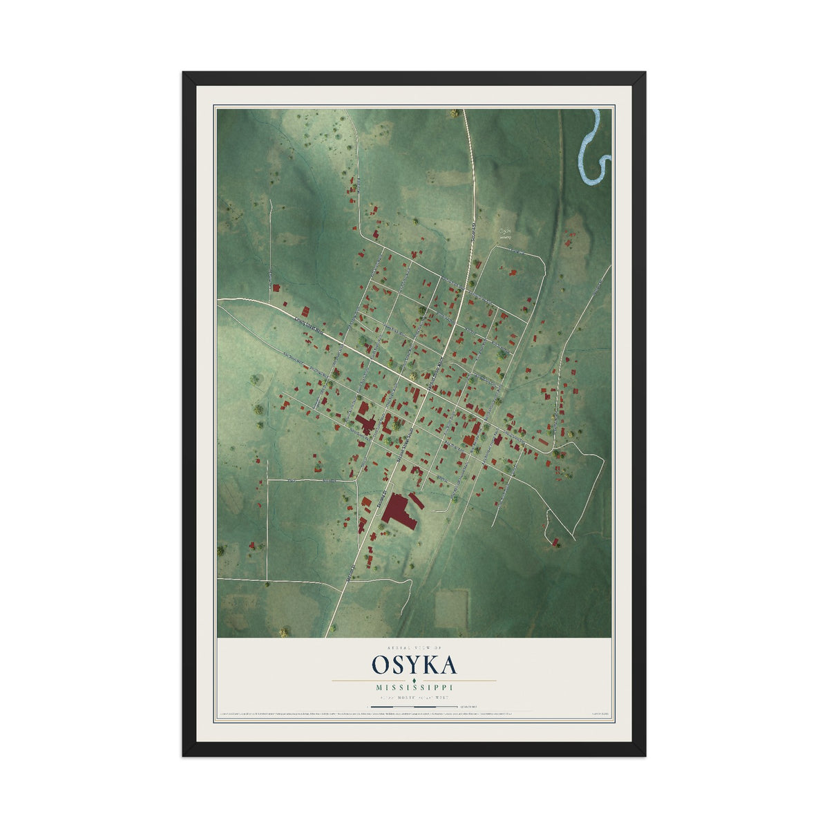 Map of Osyka, Mississippi, 12 x 18 inch print in a black wood frame