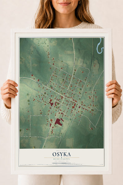 Map of Osyka, Mississippi, 18 x 24 inch print in a white wood frame
