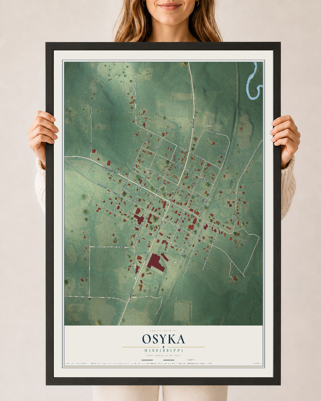 Map of Osyka, Mississippi, 24 x 36 inch print in a black wood frame