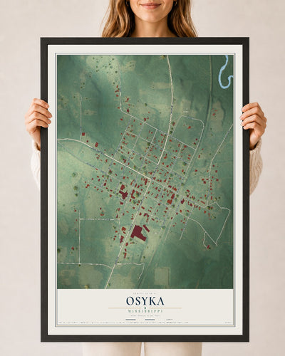 Map of Osyka, Mississippi, 24 x 36 inch print in a black wood frame