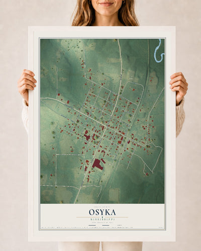 Map of Osyka, Mississippi, 24 x 36 inch print in a white wood frame