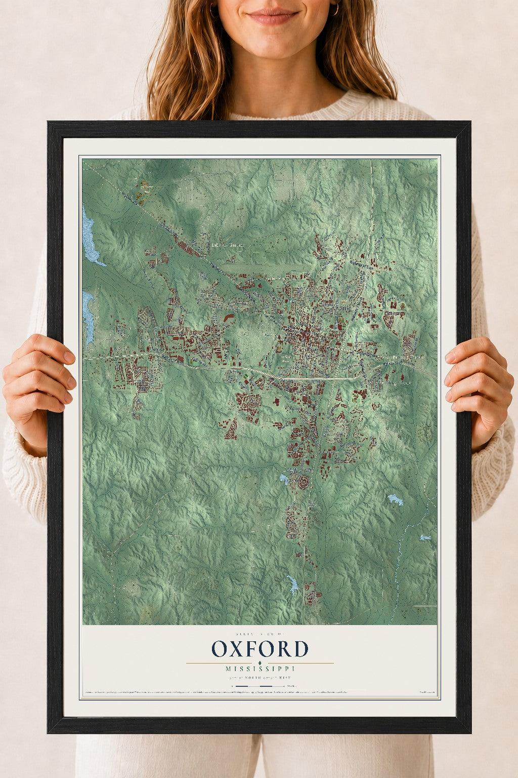 Map of Oxford, Mississippi, 18 x 24 inch print in a black wood frame