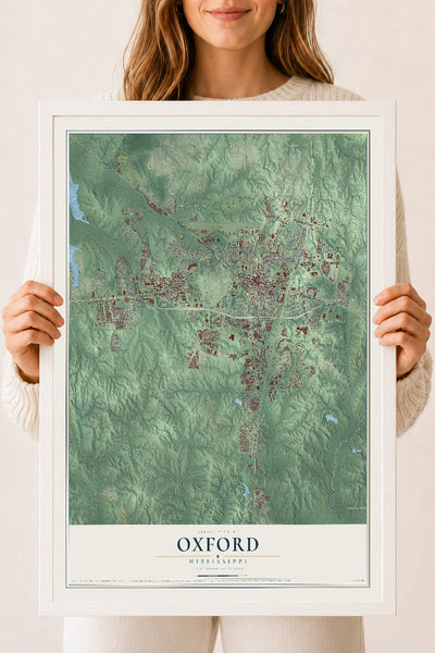 Map of Oxford, Mississippi, 18 x 24 inch print in a white wood frame