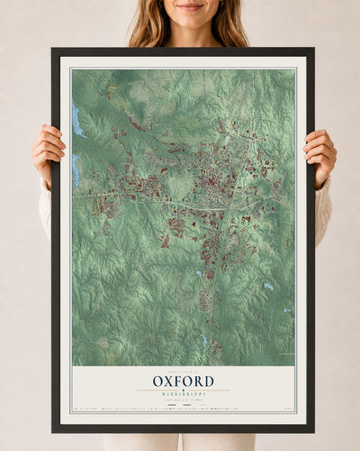 Map of Oxford, Mississippi, 24 x 36 inch print in a black wood frame