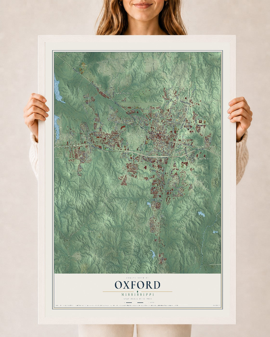 Map of Oxford, Mississippi, 24 x 36 inch print in a white wood frame