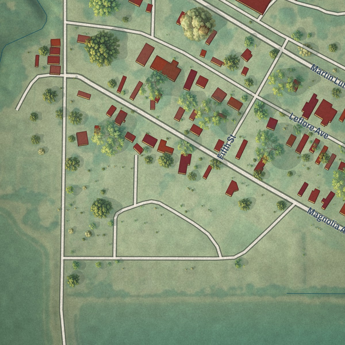 Close-up of the map of Pace, Mississippi print showing street and building detail