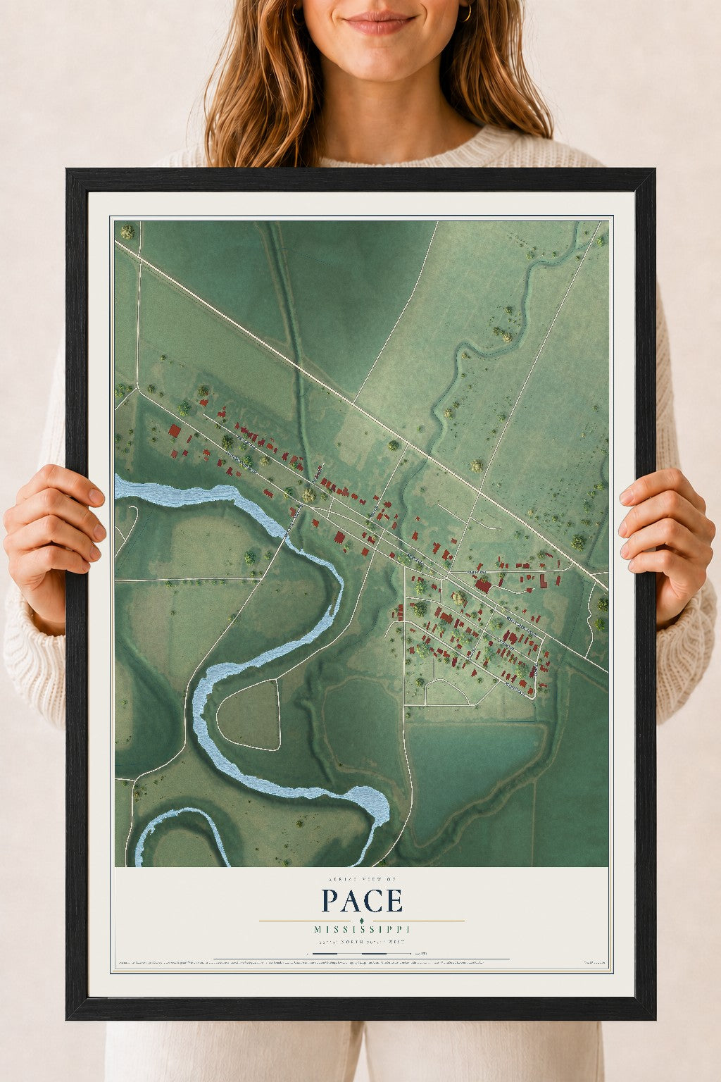 Map of Pace, Mississippi, 18 x 24 inch print in a black wood frame