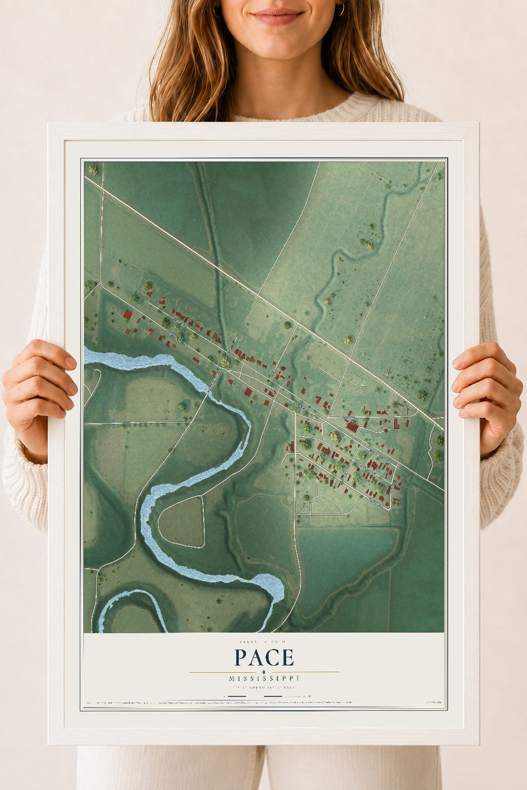 Map of Pace, Mississippi, 18 x 24 inch print in a white wood frame