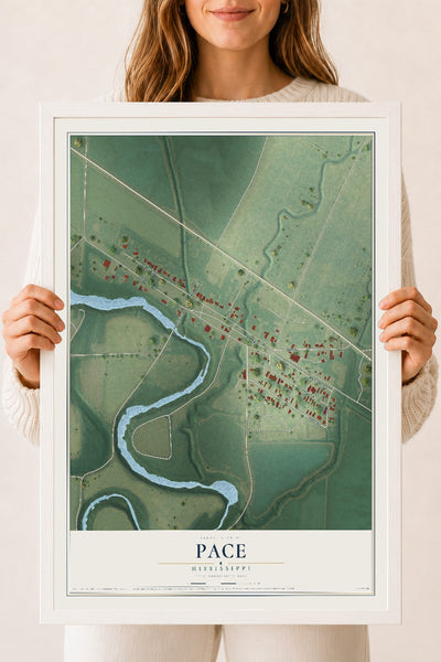 Map of Pace, Mississippi, 18 x 24 inch print in a white wood frame