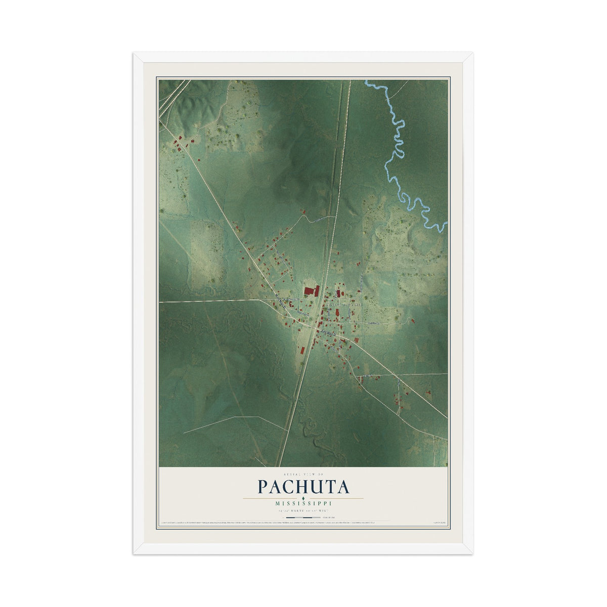 Map of Pachuta, Mississippi, 12 x 18 inch print in a white wood frame