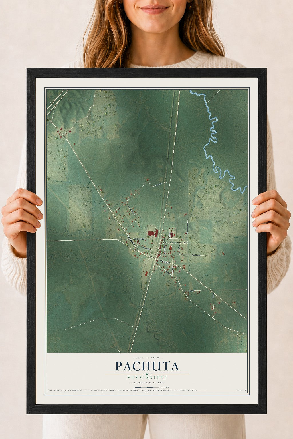 Map of Pachuta, Mississippi, 18 x 24 inch print in a black wood frame