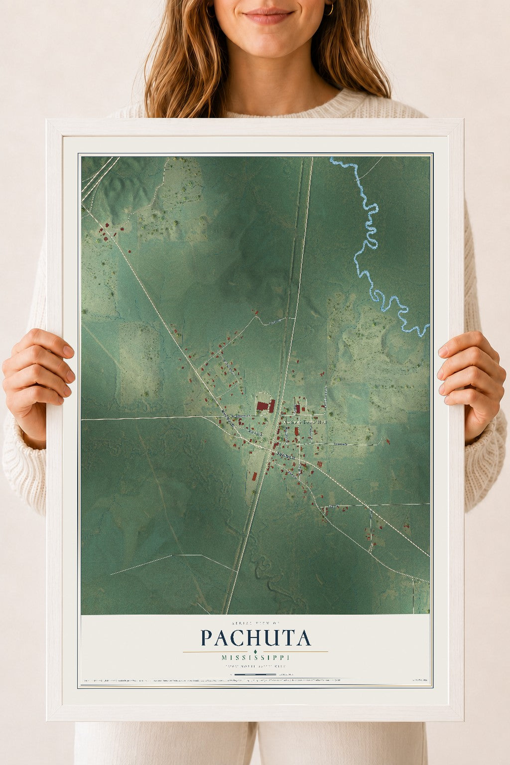 Map of Pachuta, Mississippi, 18 x 24 inch print in a white wood frame