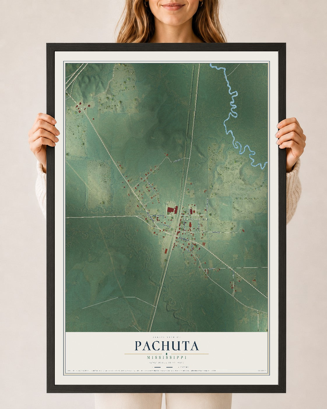 Map of Pachuta, Mississippi, 24 x 36 inch print in a black wood frame