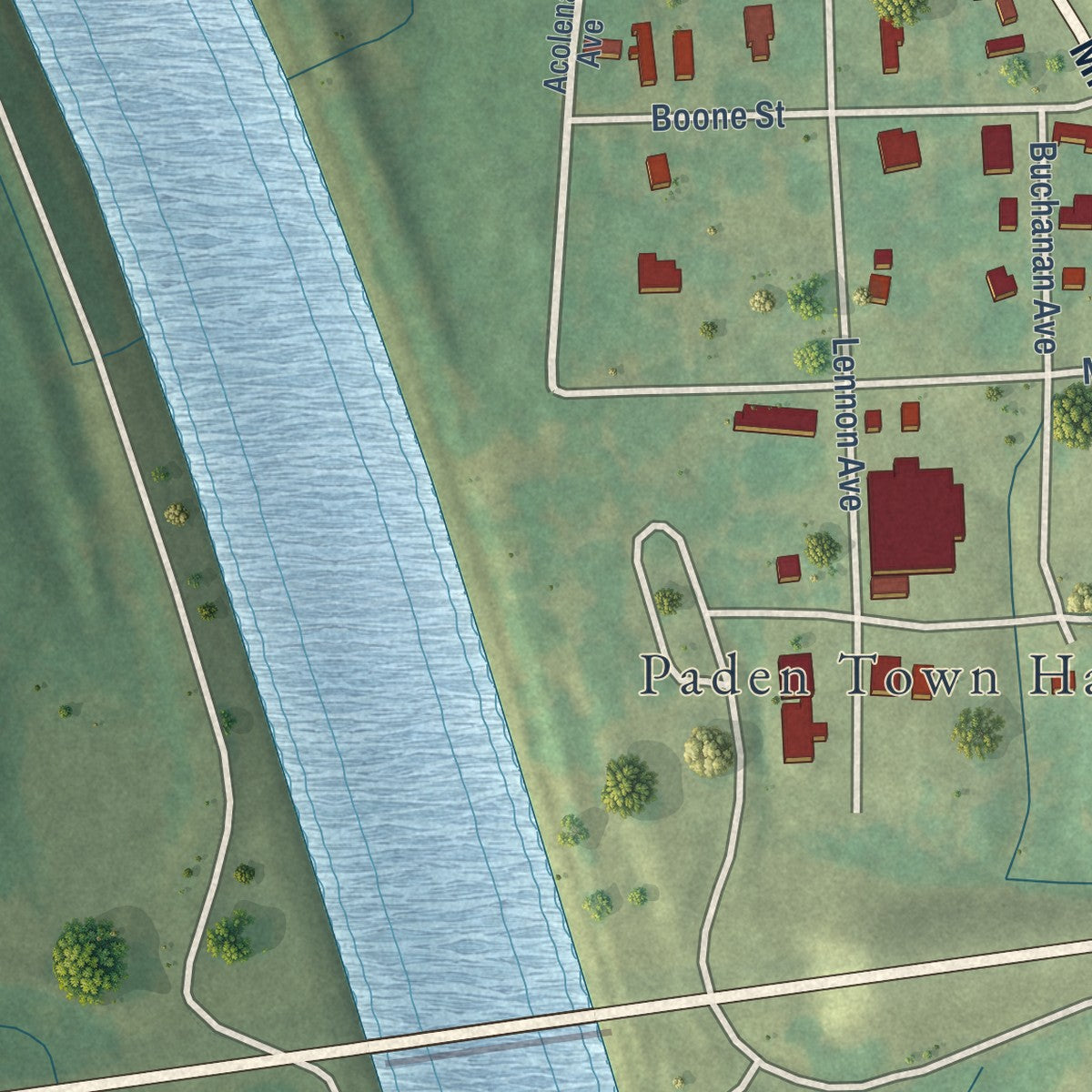 Close-up of the map of Paden, Mississippi print showing street and building detail