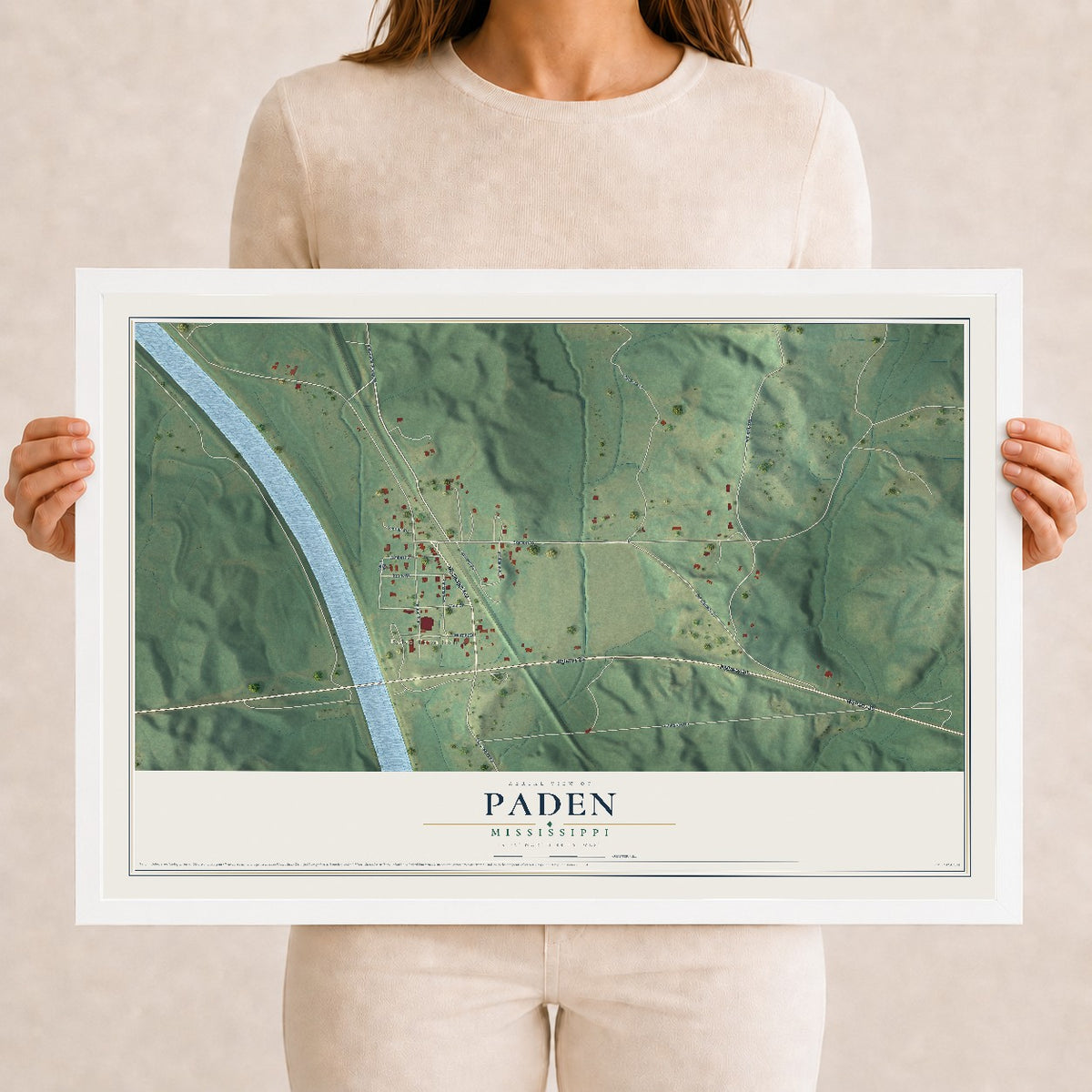 Map of Paden, Mississippi, 12 x 18 inch print in a white wood frame