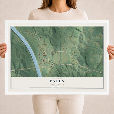 Map of Paden, Mississippi, 18 x 24 inch print in a white wood frame
