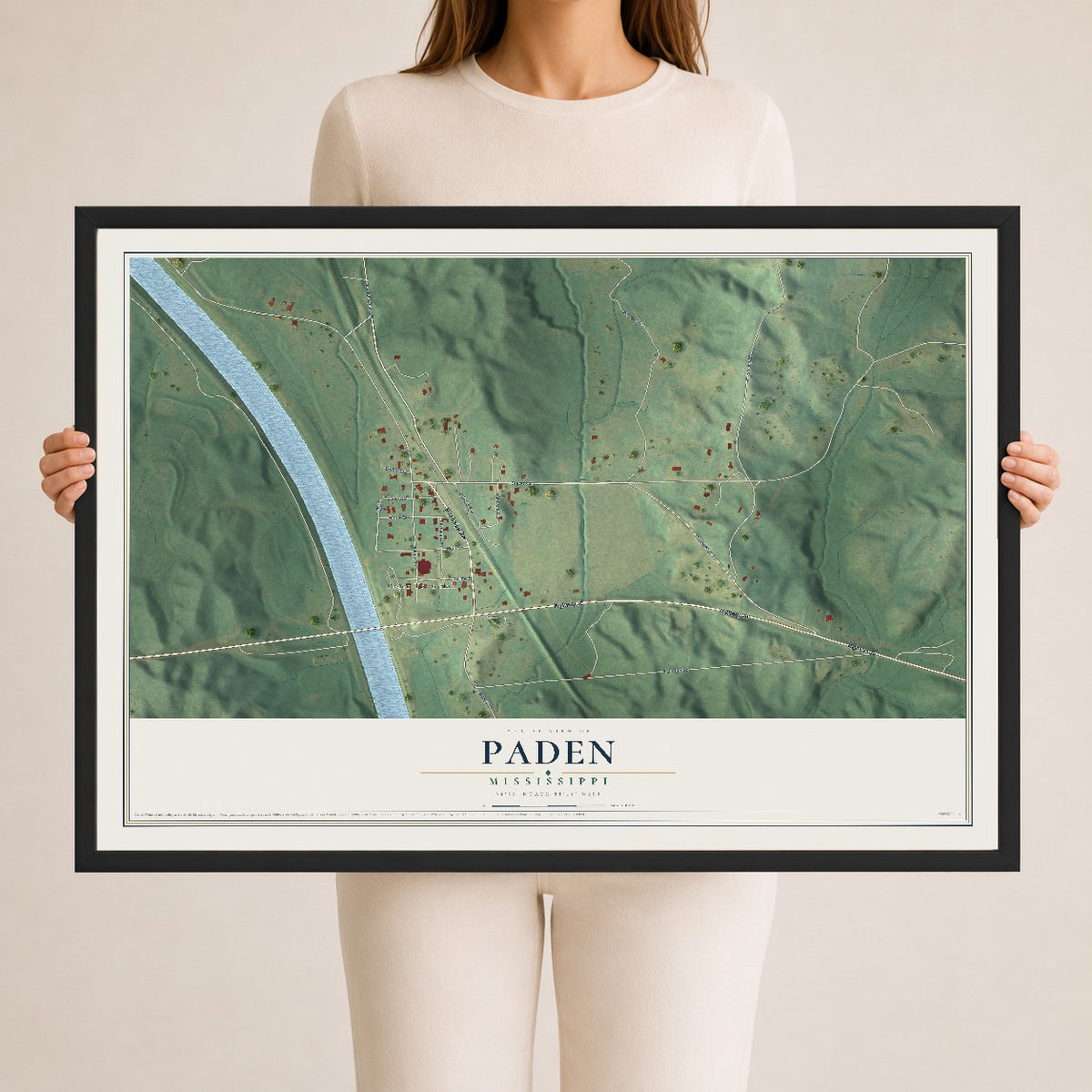 Map of Paden, Mississippi, 24 x 36 inch print in a black wood frame