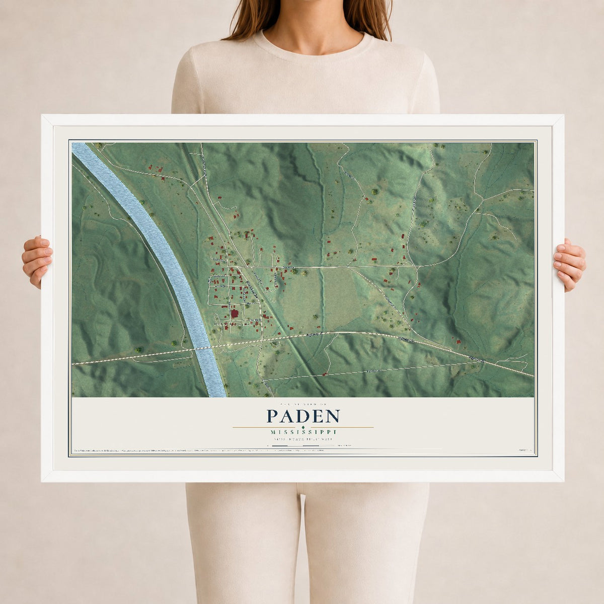 Map of Paden, Mississippi, 24 x 36 inch print in a white wood frame