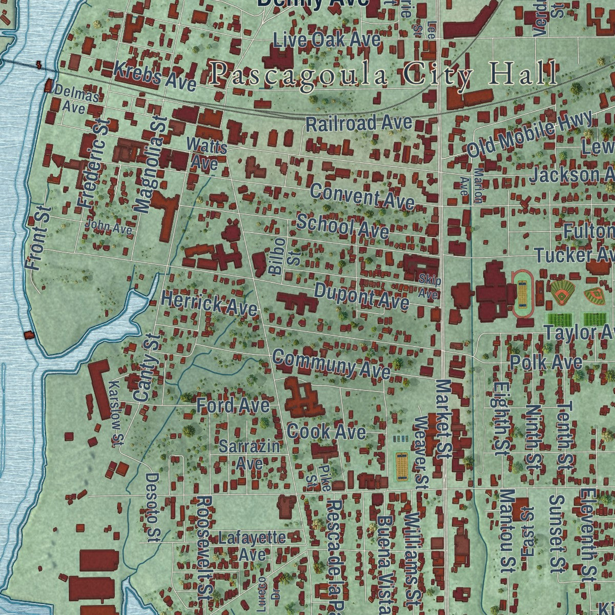 Second close-up of the map of Pascagoula, Mississippi print showing more streets and buildings