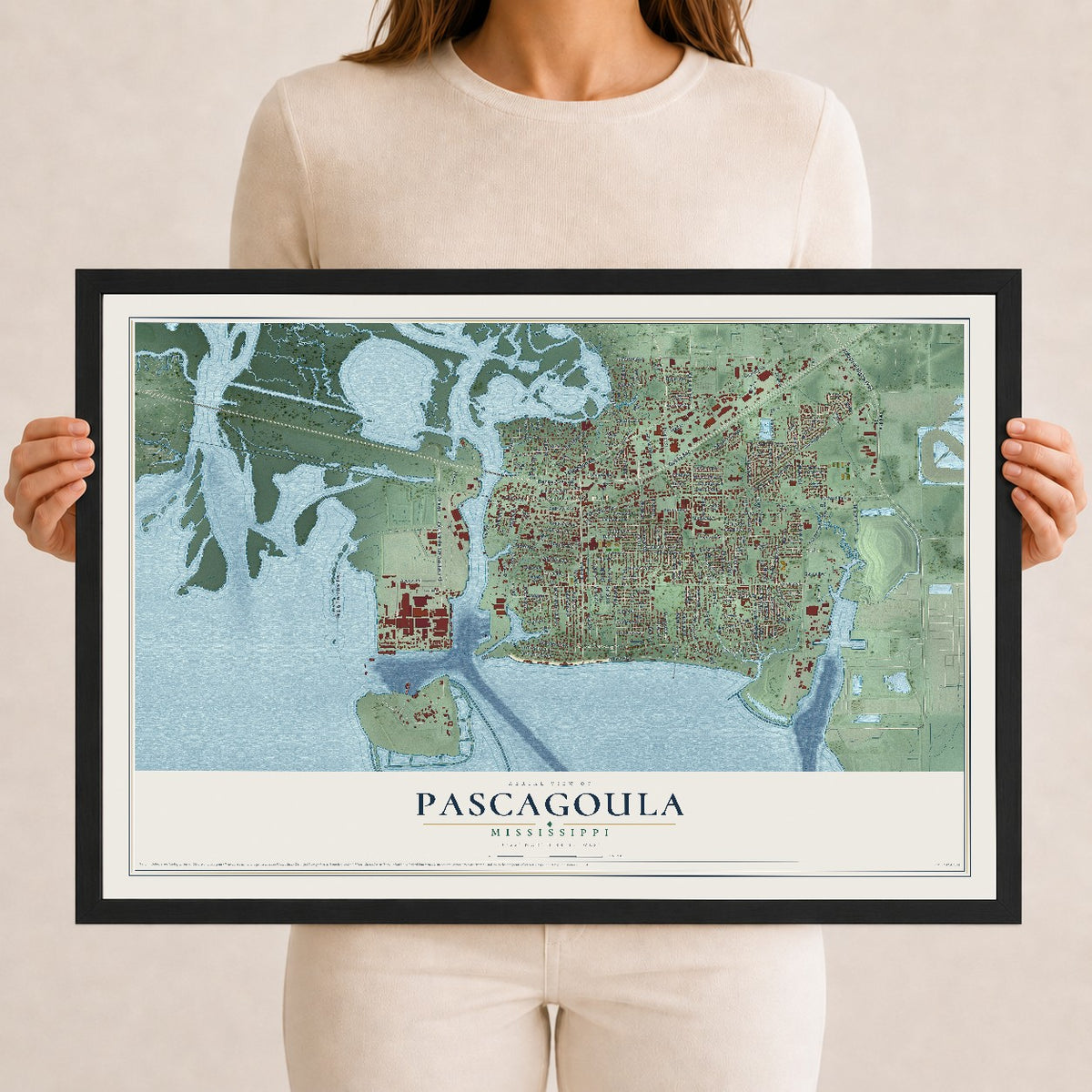 Map of Pascagoula, Mississippi, 12 x 18 inch print in a black wood frame