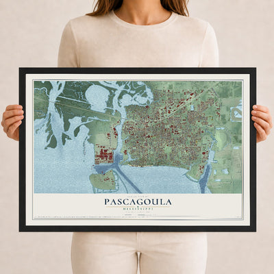 Map of Pascagoula, Mississippi, 12 x 18 inch print in a black wood frame