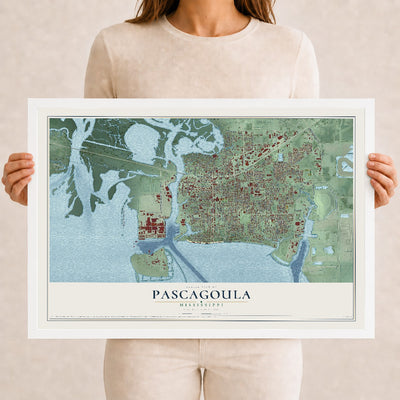 Map of Pascagoula, Mississippi, 12 x 18 inch print in a white wood frame