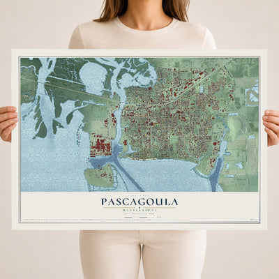 Map of Pascagoula, Mississippi, 18 x 24 inch unframed archival matte print