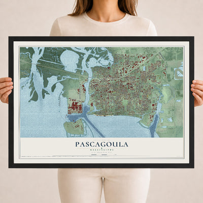 Map of Pascagoula, Mississippi, 18 x 24 inch print in a black wood frame