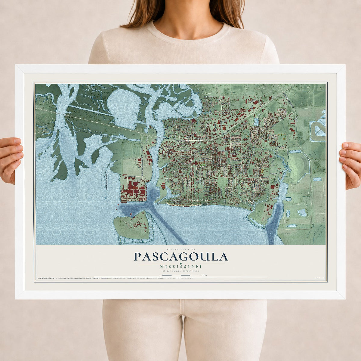 Map of Pascagoula, Mississippi, 18 x 24 inch print in a white wood frame