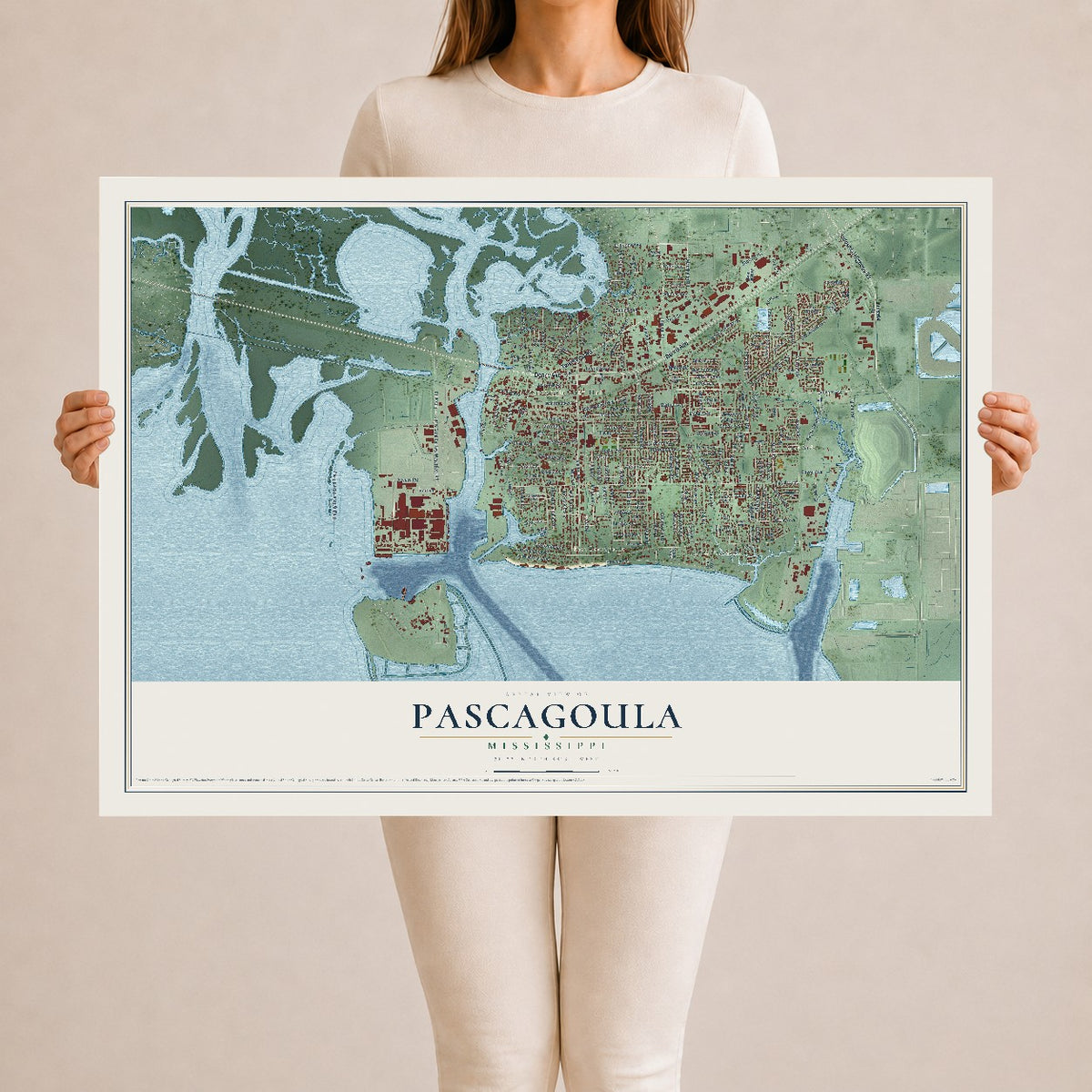 Map of Pascagoula, Mississippi, 24 x 36 inch unframed archival matte print