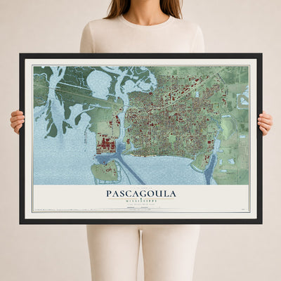 Map of Pascagoula, Mississippi, 24 x 36 inch print in a black wood frame