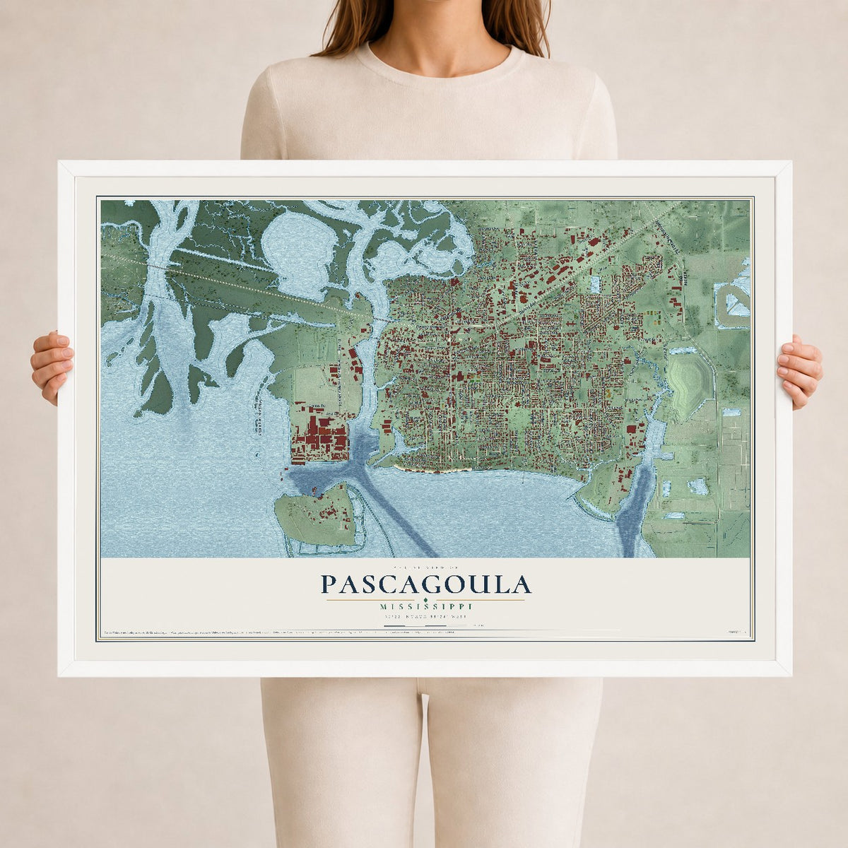 Map of Pascagoula, Mississippi, 24 x 36 inch print in a white wood frame