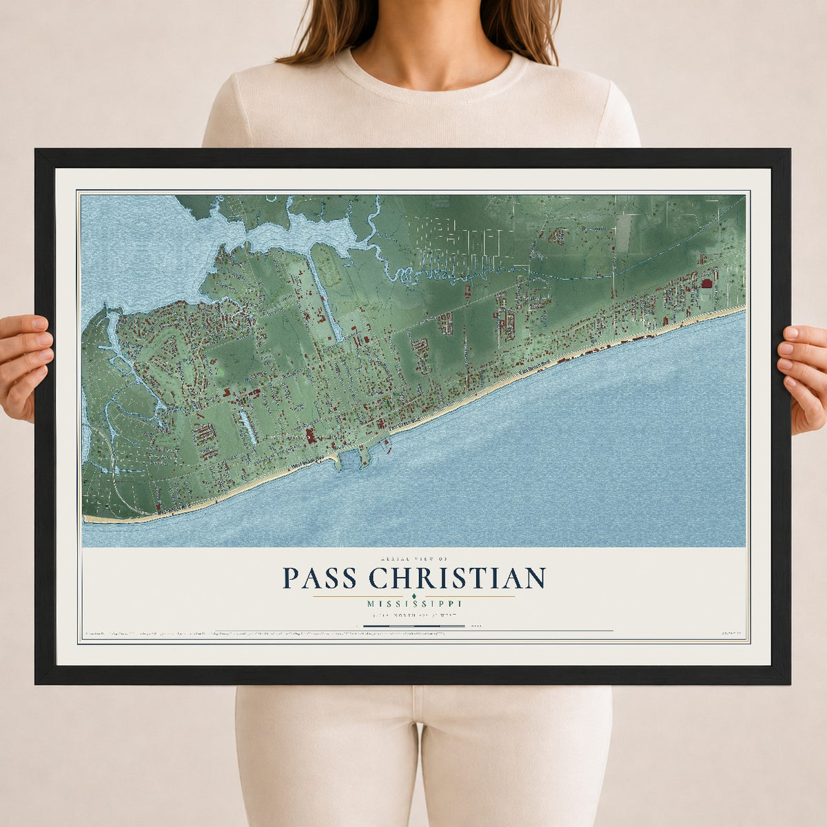 Map of Pass Christian, Mississippi, 18 x 24 inch print in a black wood frame