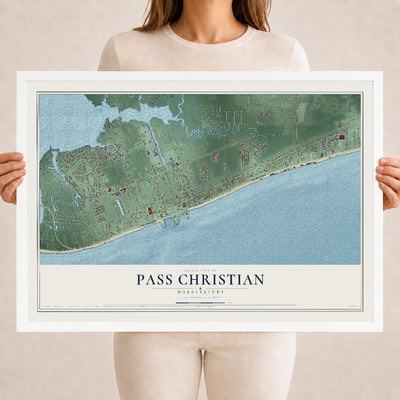 Map of Pass Christian, Mississippi, 18 x 24 inch print in a white wood frame