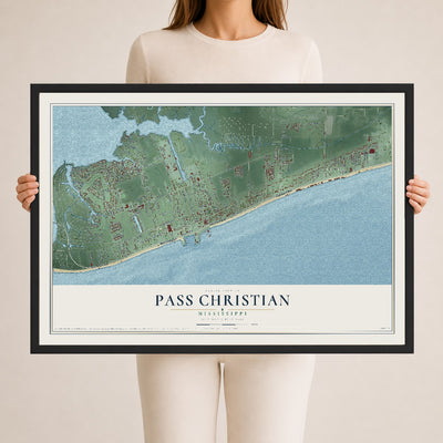 Map of Pass Christian, Mississippi, 24 x 36 inch print in a black wood frame