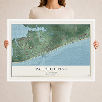 Map of Pass Christian, Mississippi, 24 x 36 inch print in a white wood frame