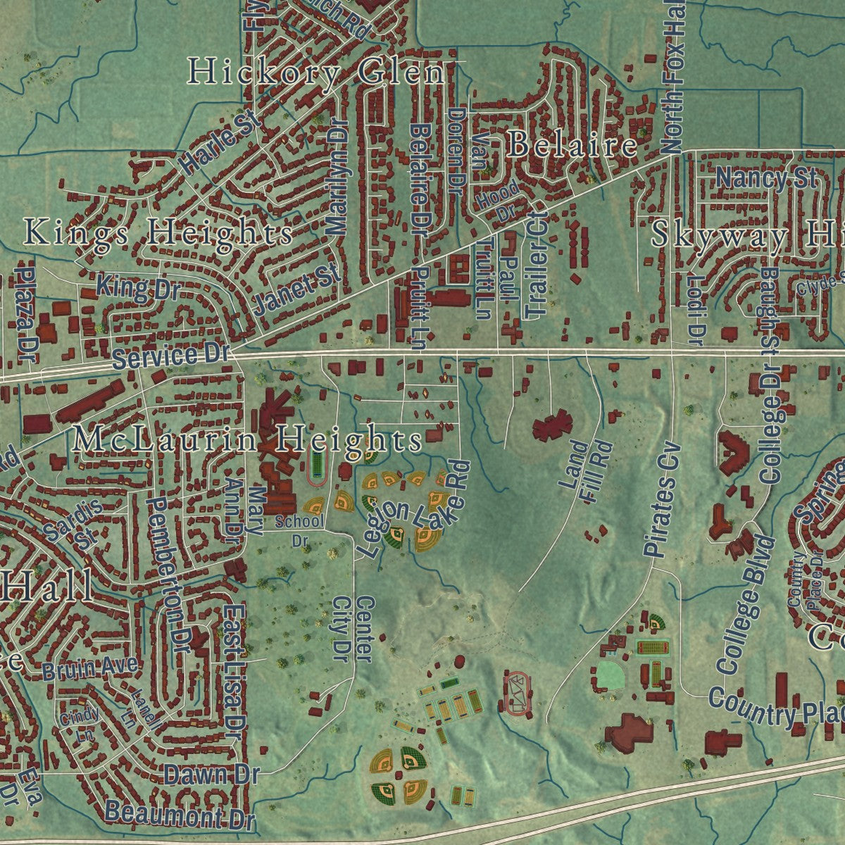 Close-up of the map of Pearl, Mississippi print showing street and building detail