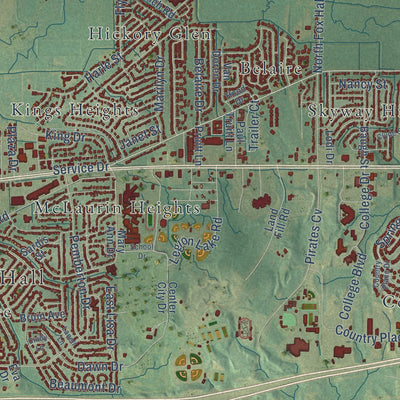 Close-up of the map of Pearl, Mississippi print showing street and building detail
