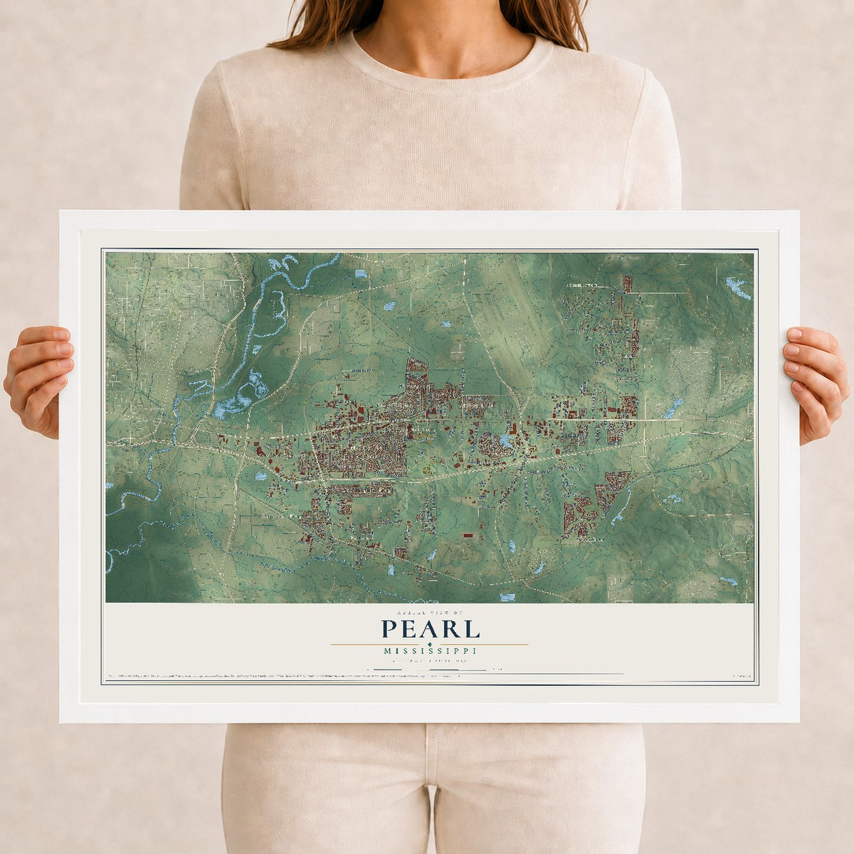 Map of Pearl, Mississippi, 12 x 18 inch print in a white wood frame