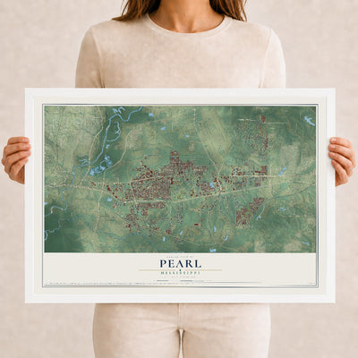 Map of Pearl, Mississippi, 12 x 18 inch print in a white wood frame