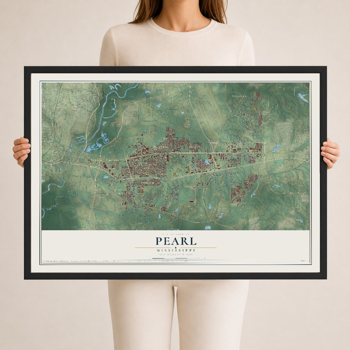 Map of Pearl, Mississippi, 24 x 36 inch print in a black wood frame