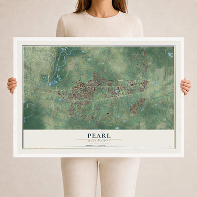 Map of Pearl, Mississippi, 24 x 36 inch print in a white wood frame
